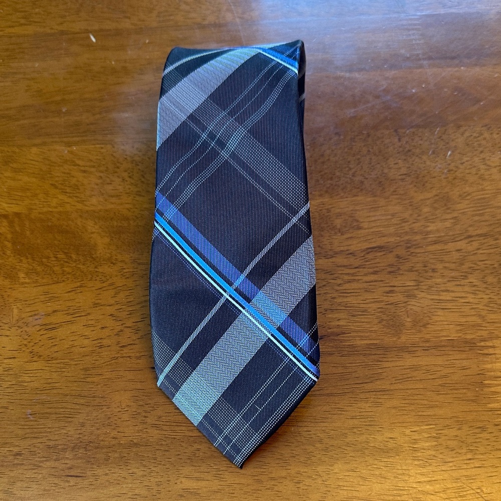 Michael Kors Brown and Blue Plaid Tie 100% Silk EUC